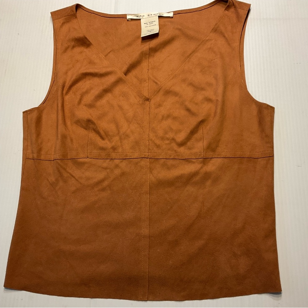 Max Studio Brown Tan Cognac Faux Suede Sleeveless Top V Neck Y2K Women Sz S